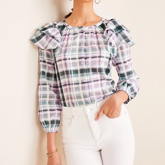 Ann Taylor Tops - Ann Taylor Sz XL Ruffled Plaid Buttondown Blouse EUC